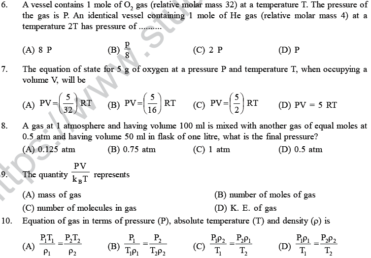 NEET UG Physics Kinetic Theory Of Gases MCQs, Multiple Choice Questions